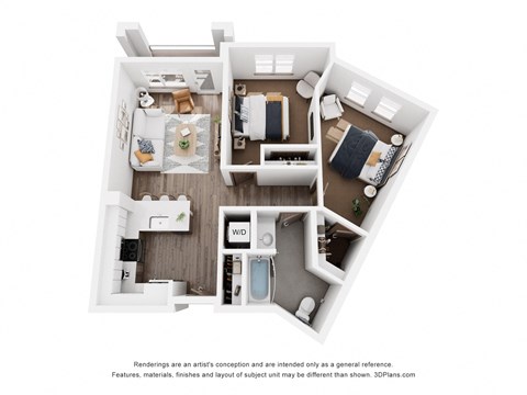 Floor plan for 2 beds, 1 bath, 857 sqft